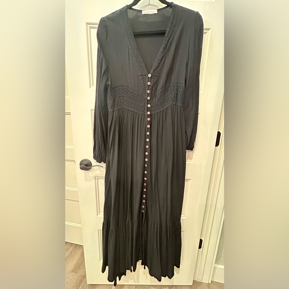 Long sleeve Black Maxi Dress Boho-Cottagecore-Western-Worn Once